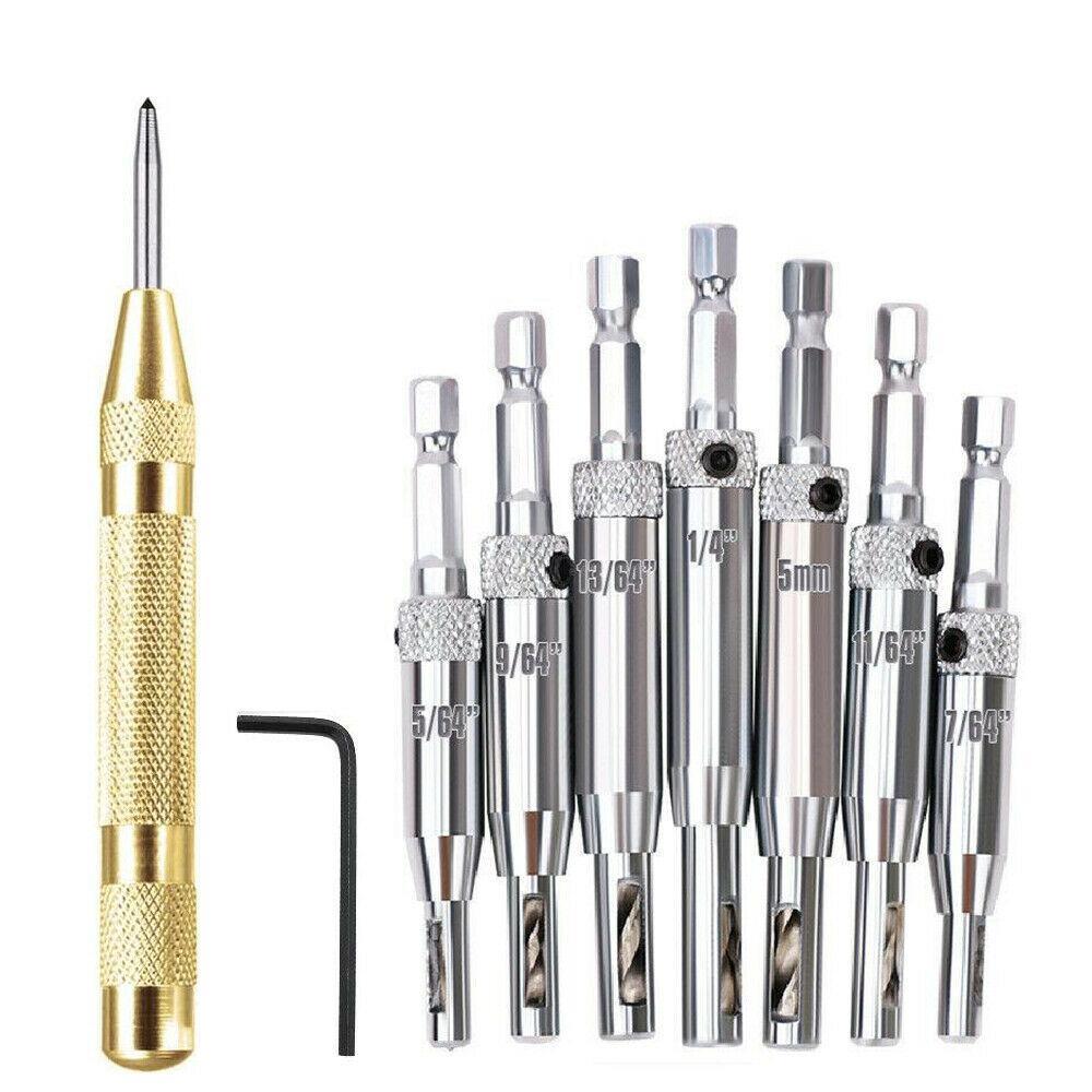 8 Pieces Centre Drill Bits Set Self Centering Hinge Hole Drilling With Auto Punch silver