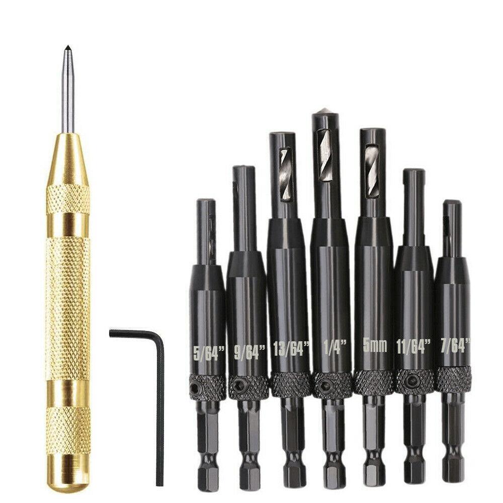 8 Pieces Centre Drill Bits Set Self Centering Hinge Hole Drilling With Auto Punch black