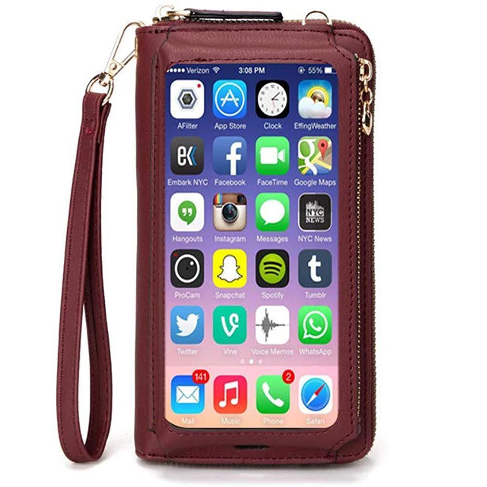 Multi-function RFID crossbody Phone Wallet with Credit Card Slots-Wine red