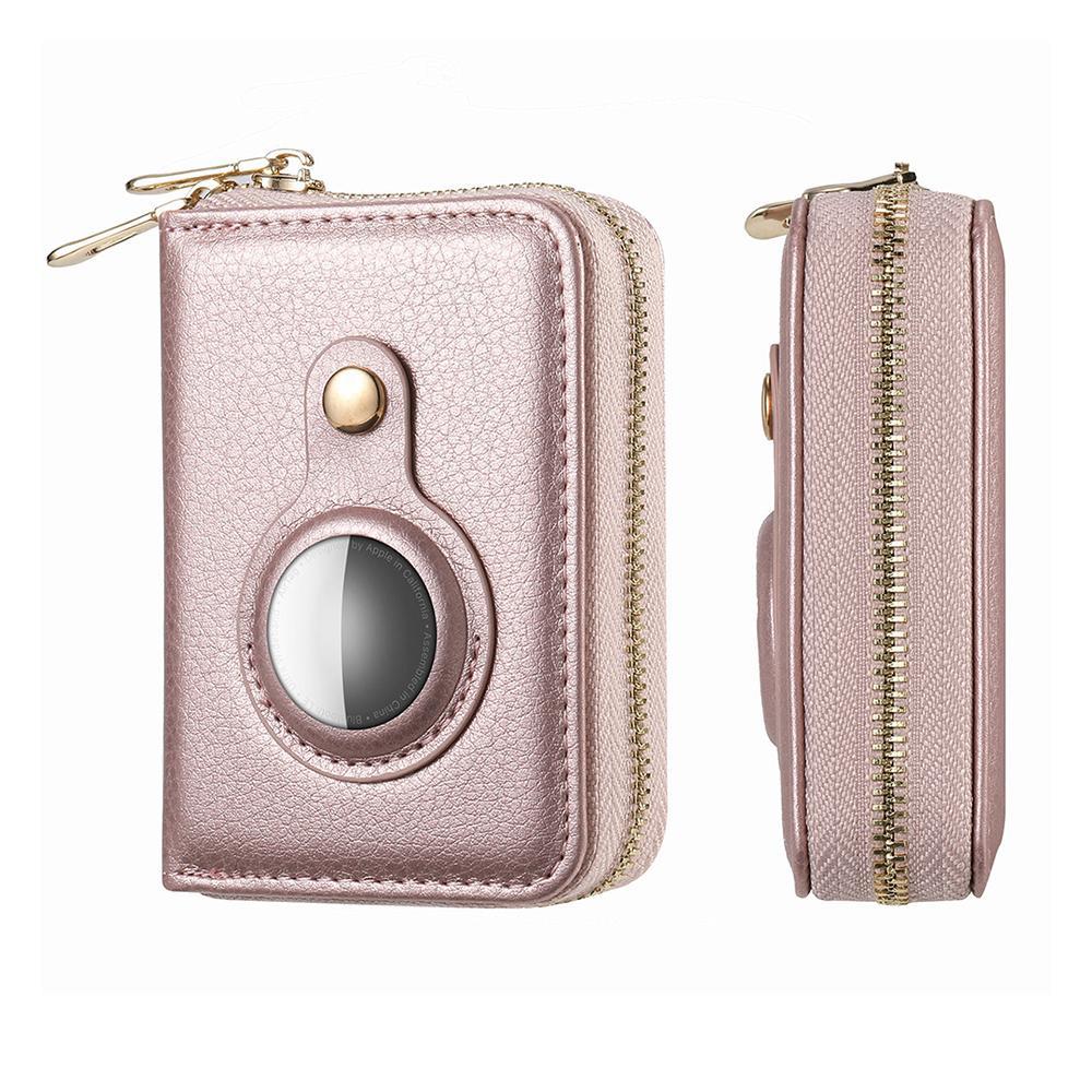 Apple Airtag Positioner Dual Zipper Wallet Carbon Fiber PU Leather RFID Card Bag-Rose Gold