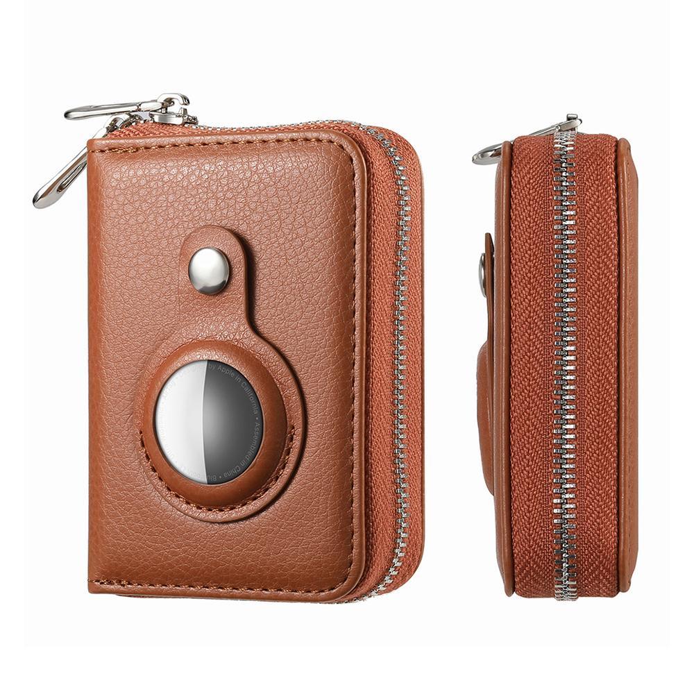 Apple Airtag Positioner Dual Zipper Wallet Carbon Fiber PU Leather RFID Card Bag-Brown