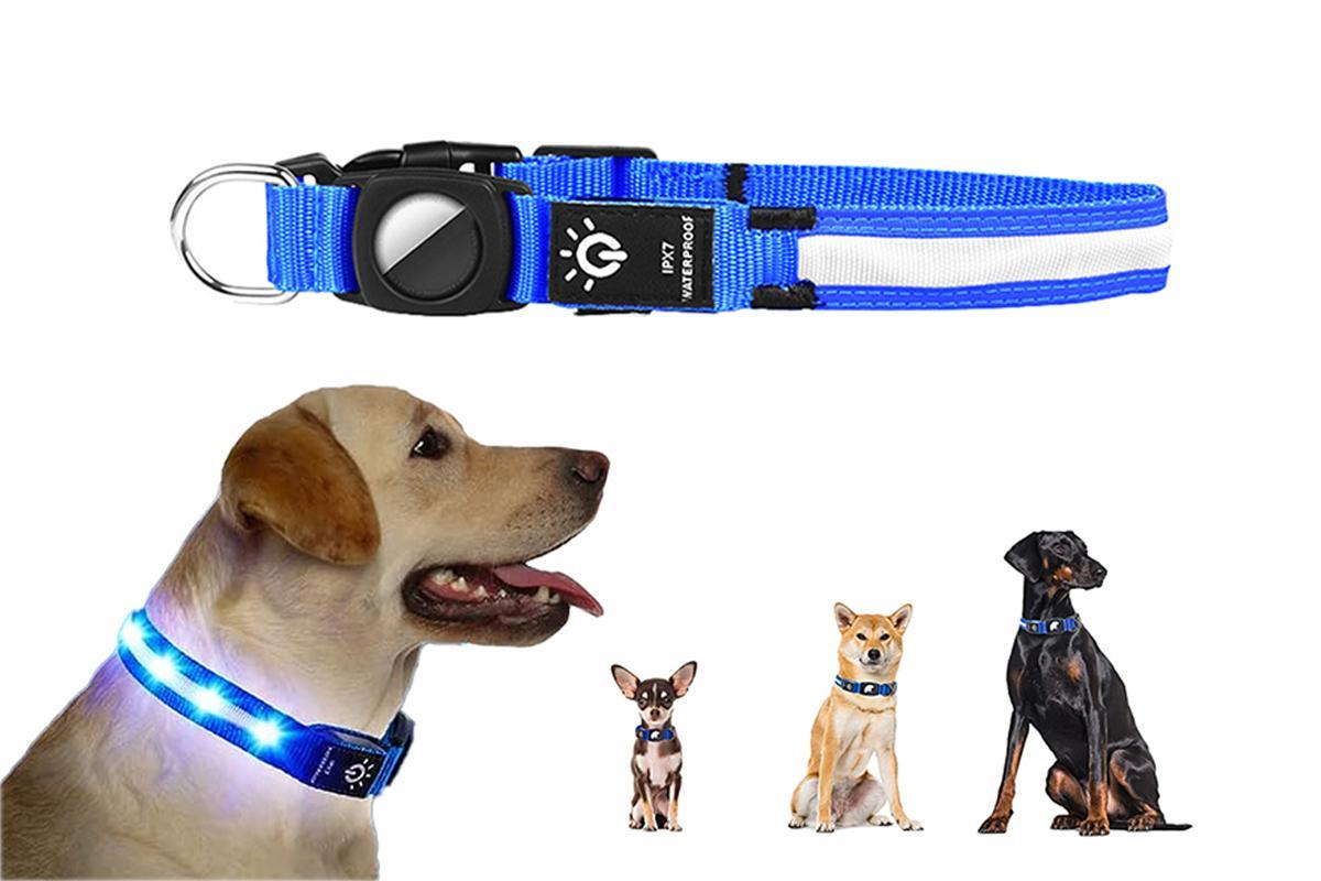 LED Rechargeable Dog Collar Pet Collar with Protective Case for Apple Air Tag -Blue / L