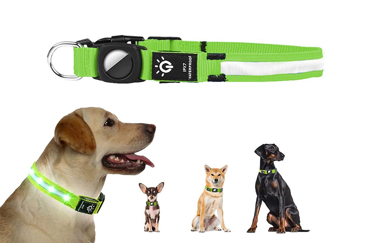 LED Rechargeable Dog Collar Pet Collar with Protective Case for Apple Air Tag -Green / L