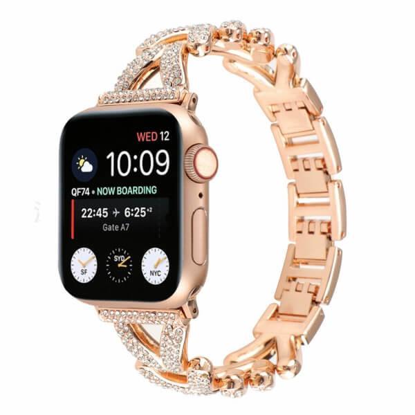 For Apple Watch 8 /7 /SE /6 /5 /4 /3 /2 /1 Ultra V Shape Bling Rhinestones 38mm 40mm 41mm Bracelet Strap Wristband - Rose Gold