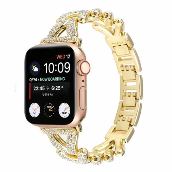 For Apple Watch 8 /7 /SE /6 /5 /4 /3 /2 /1 Ultra V Shape Bling Rhinestones 38mm 40mm 41mm Bracelet Strap Wristband - Gold