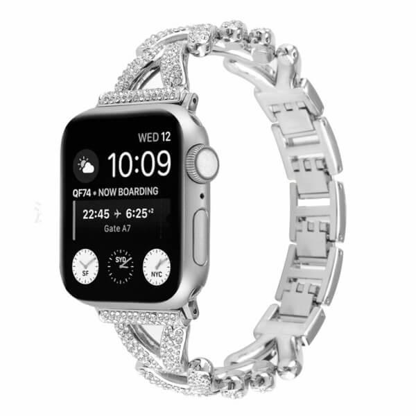 For Apple Watch 8 /7 /SE /6 /5 /4 /3 /2 /1 Ultra V Shape Bling Rhinestones 38mm 40mm 41mm Bracelet Strap Wristband - Silver