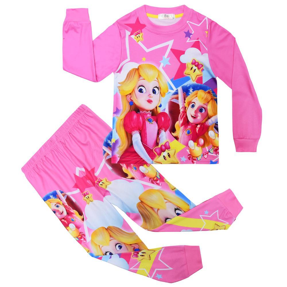 Goodgoods Children Cute Super Mario Peach Princess Pajamas Set Children Long Sleeve T-shirt Pants Set Sleepwear Gift(4-5Years)