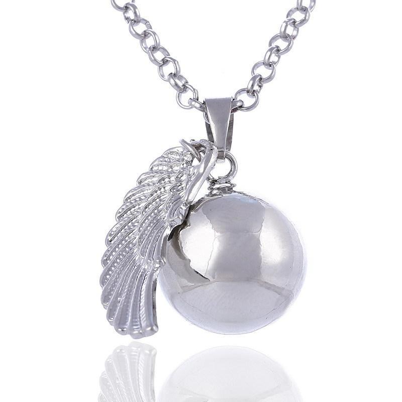 Silver Color Pregnancy Bola Necklace with Small Footprints, Mic Chime Bell Angel Wings Pendant Nec