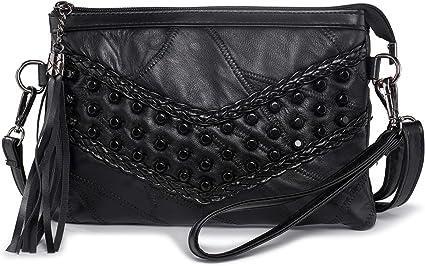 Black, Soft Leather Shoulder Bag - Elegant Evening Clutch Bag - Small Women's Rivets Fringe Handbag