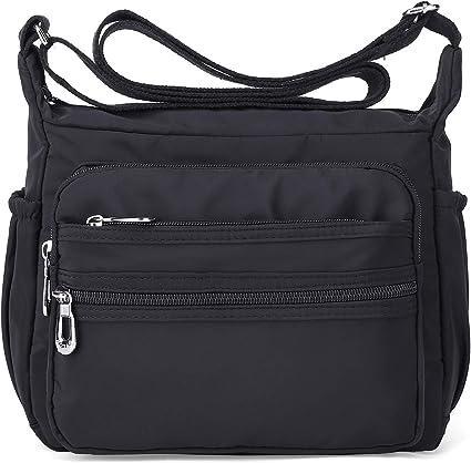 (S, Black)Nylon Messenger Bag for Women Waterproof Multi-Pockets Messenger Bag Crossbody Bag Fashion