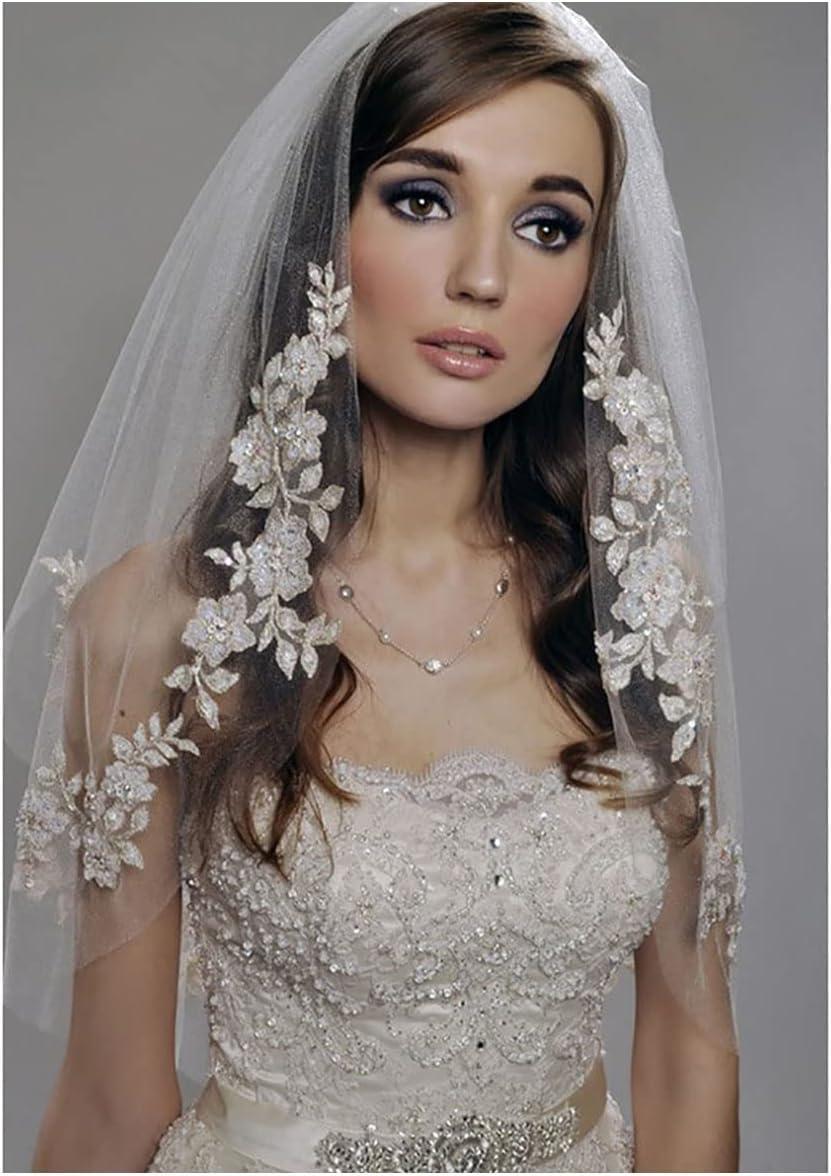2 Layer Silver Wire Bridal Veil with Lace Edge and Beads Elbow Length Bridal Veil Hair Accessories f