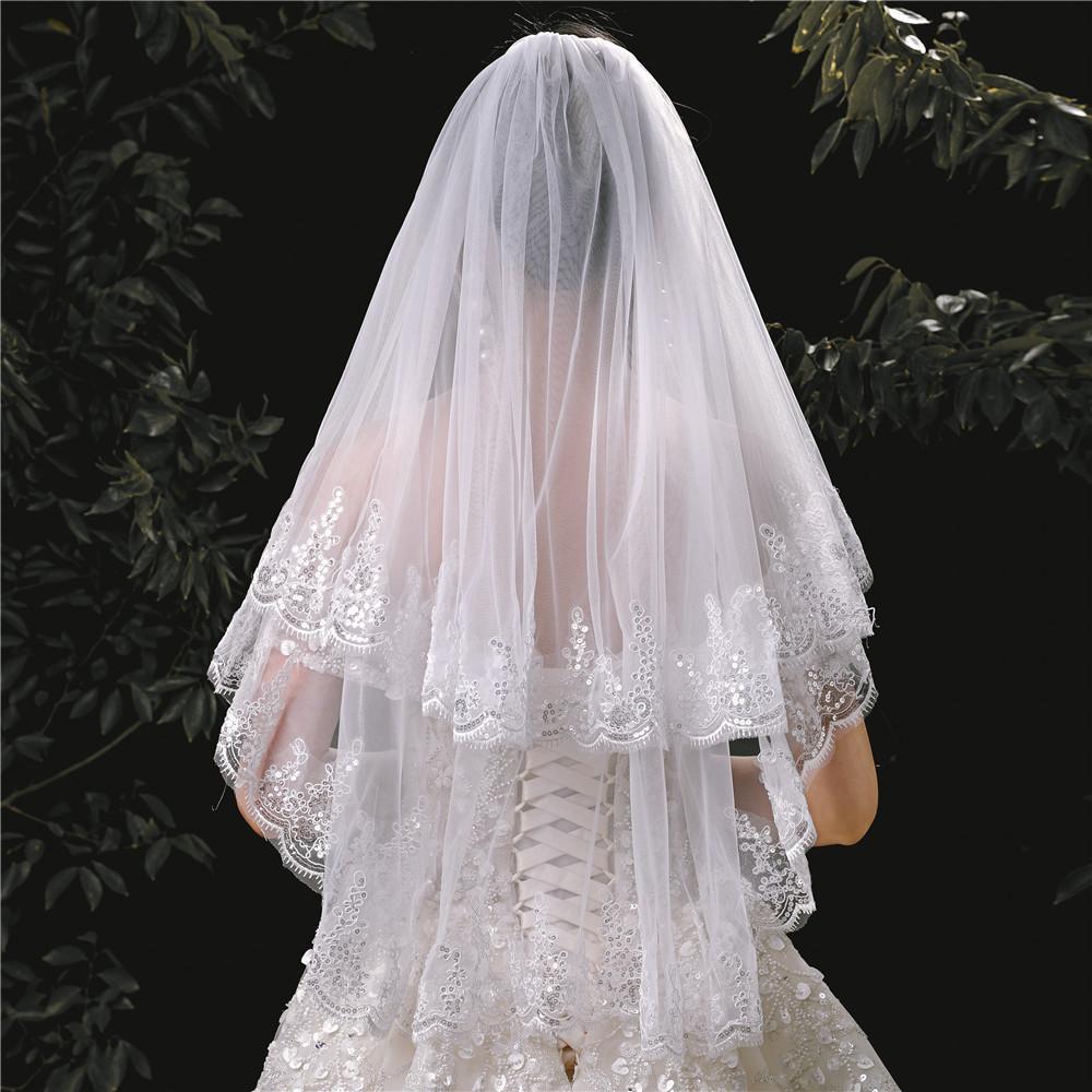 White Wedding Veil Short Lace Wedding Veils Women 2 Layers Soft Tulle Bridal Veil with Comb Wedding
