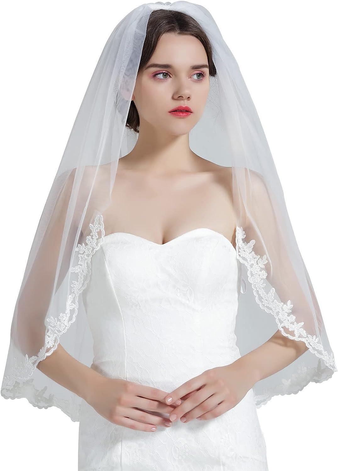 Bridal Wedding Veil 1 Layer Simple Ivory White With Metal Comb Short Long Lace Embroidery
