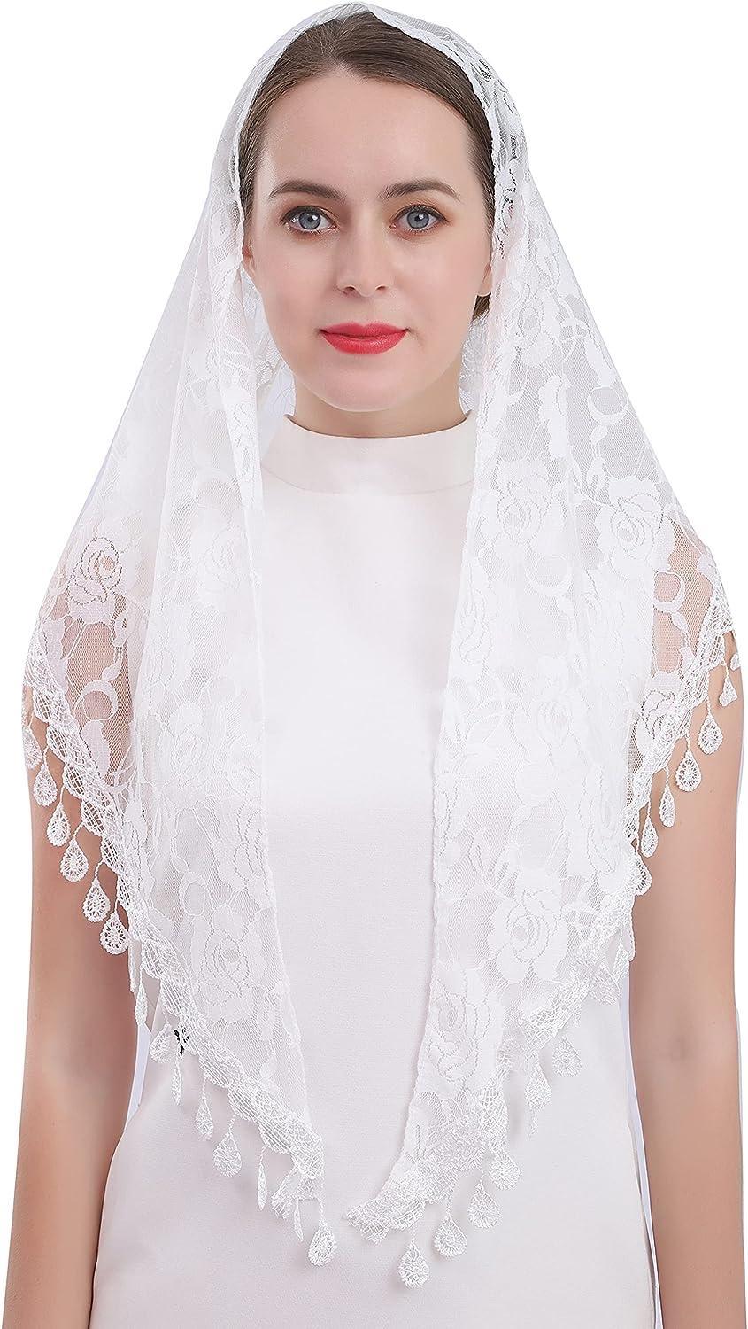 Triangle Lace Veil Mantilla Veil Shawl or Latin Scarf Mass Head Cover with Fringe Lace