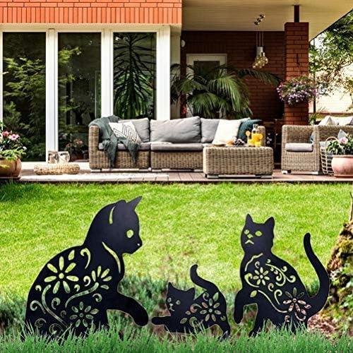 Cat Yard Art Garden Metal Statues Deco, 3 PCS Cat Hollow Out Silhouette Animal Shape Stake Decoratio
