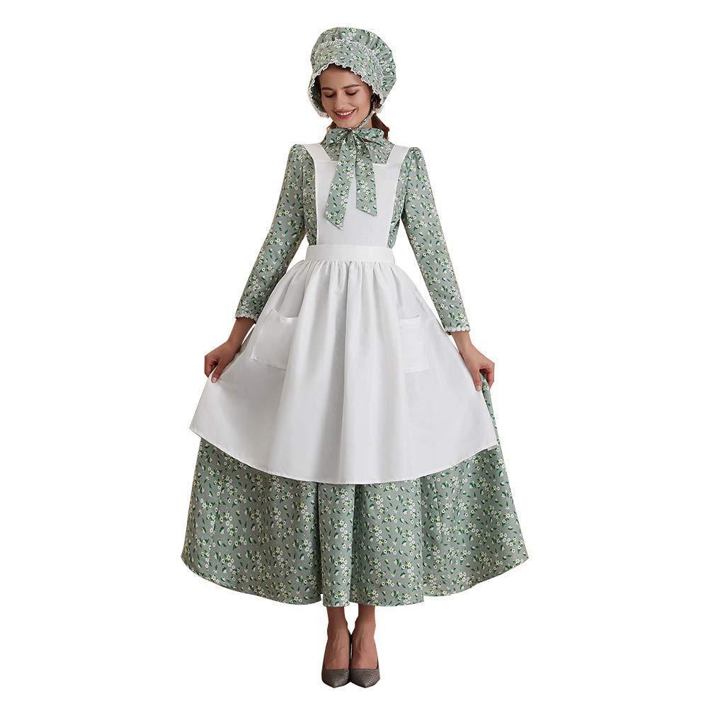 Pioneer Ladies Prairie Pilgrim Olden Day Colonial Victorian Maid Grandma Cosplay Costume (Color:Light Green Size:XL)