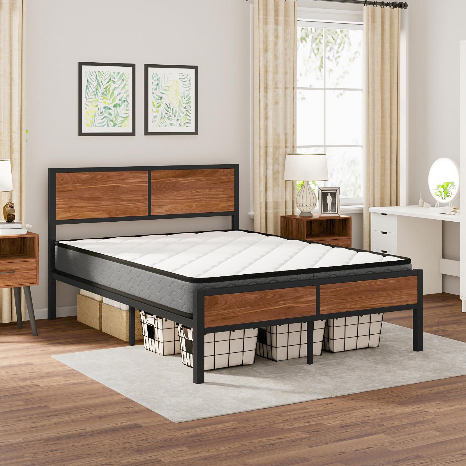 Advwin Queen Metal and Wood Bed Frame w/ Headboard, Walnut