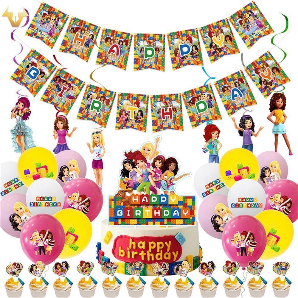 Vicanber Home Boys Girls Young People LEGO Building Block Girl Themed Birthday Party Decoration Banner Cake Toppers Balloons