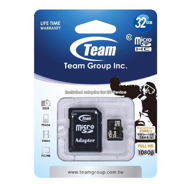 Team Group Memory Card microSDHC 32GB, Class 10, 14MB/s Write*, with SD Adapter, Lifetime
