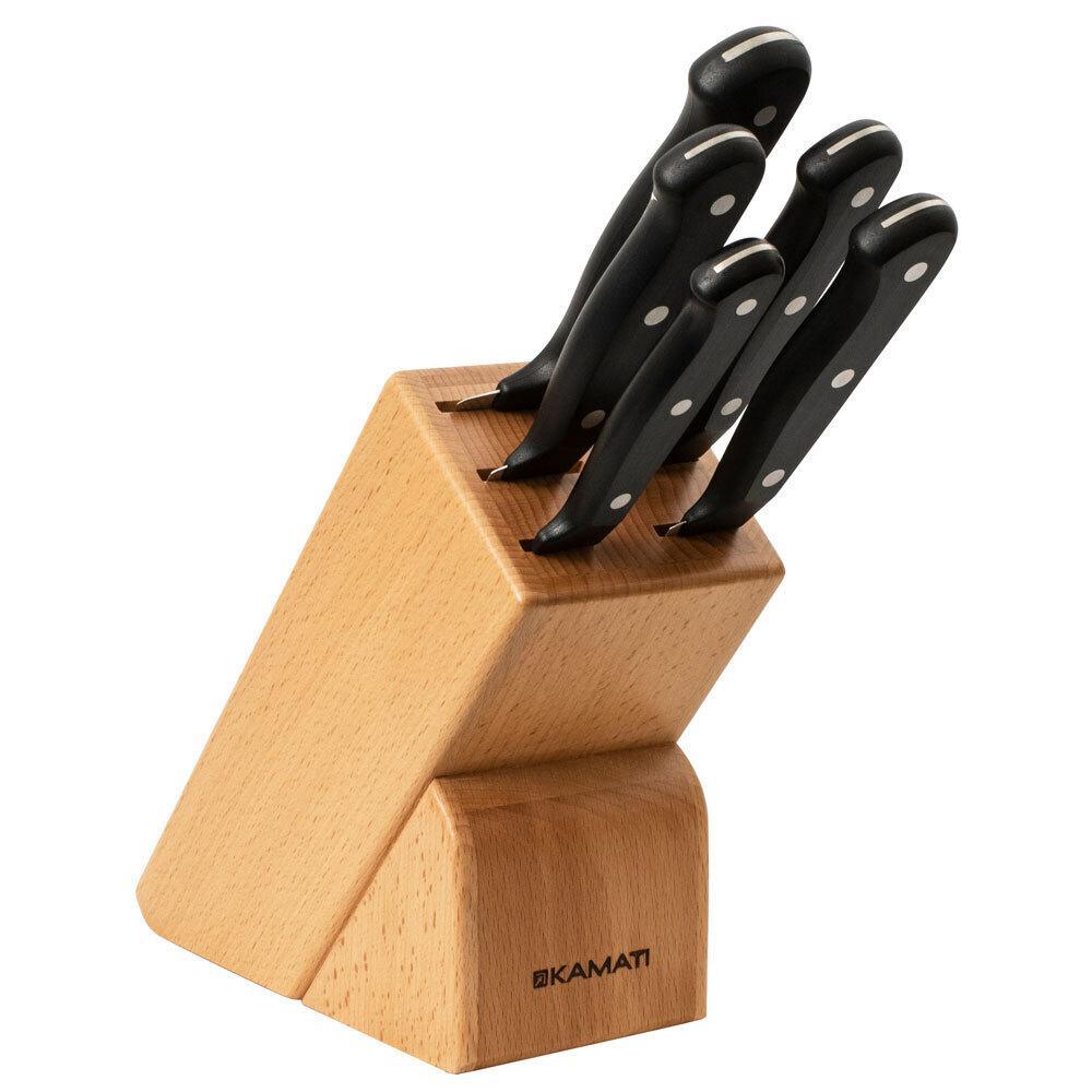 6pc Kamati Gourmet Knife Block Set Stainless Steel Cutlery Kitchen Knives Black