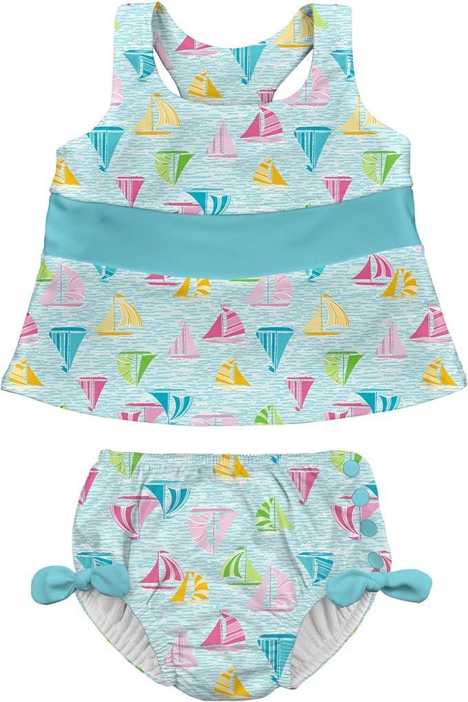 i.Play | Bow Tankini Swimsuit Set with Snap Reusable Absorbent Swim Diaper - Light Aqua Sailboat Sea