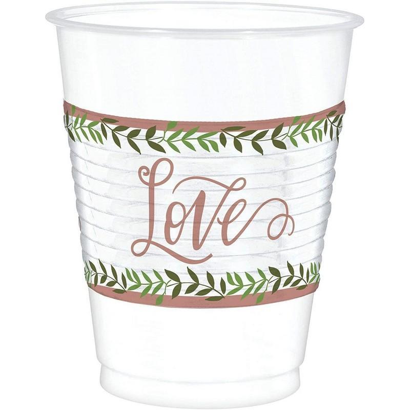 Amscan Love Plastic Leaves Wedding Party Cup (Pack of 25) (White/Green/Brown) (One Size)