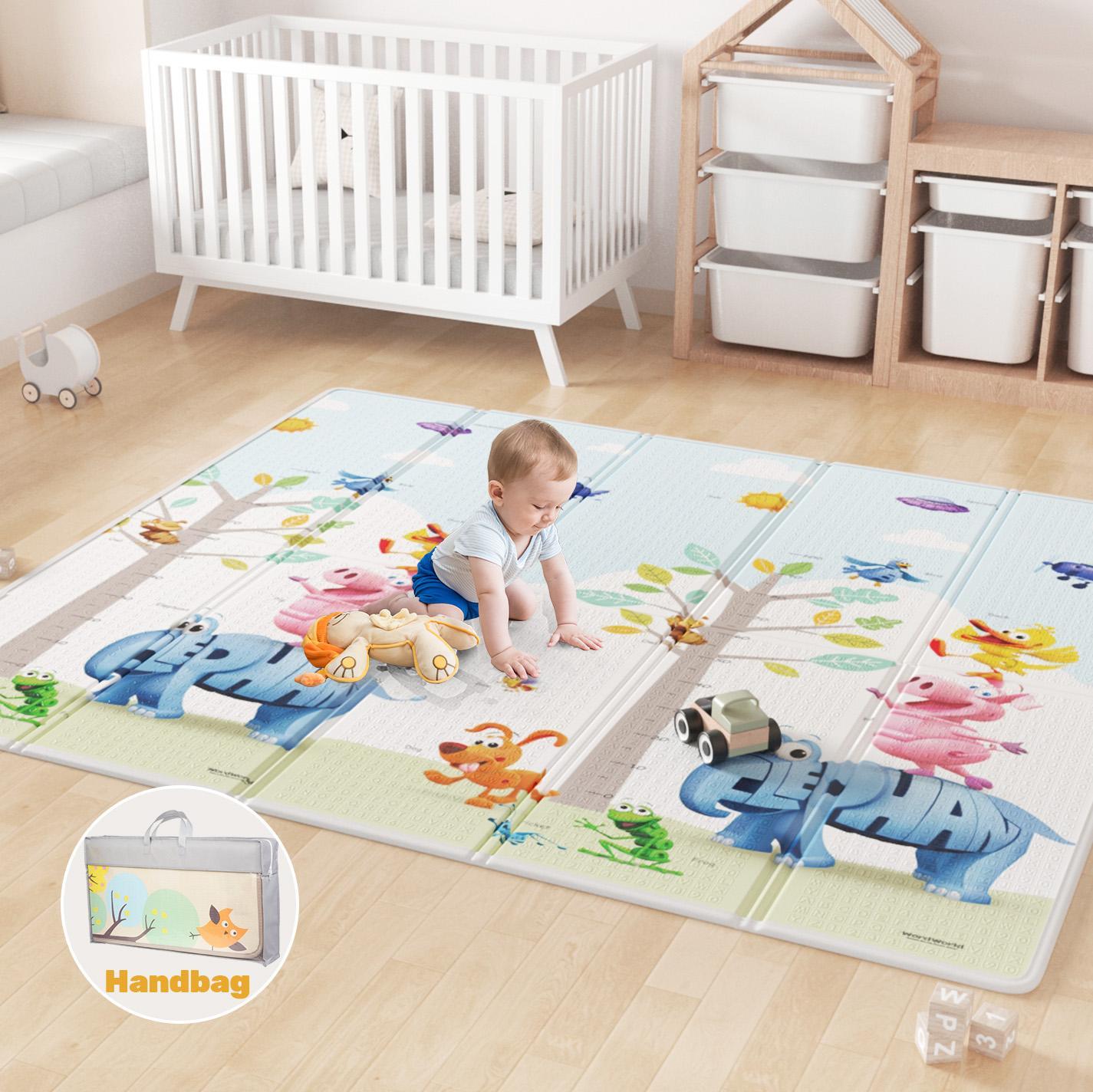 Advwin Foldable Baby Play Mat 180*200*1cm Extra Large Reversible Waterproof Activity Playmats Foam Floor Crawling Mat with Travel Bag