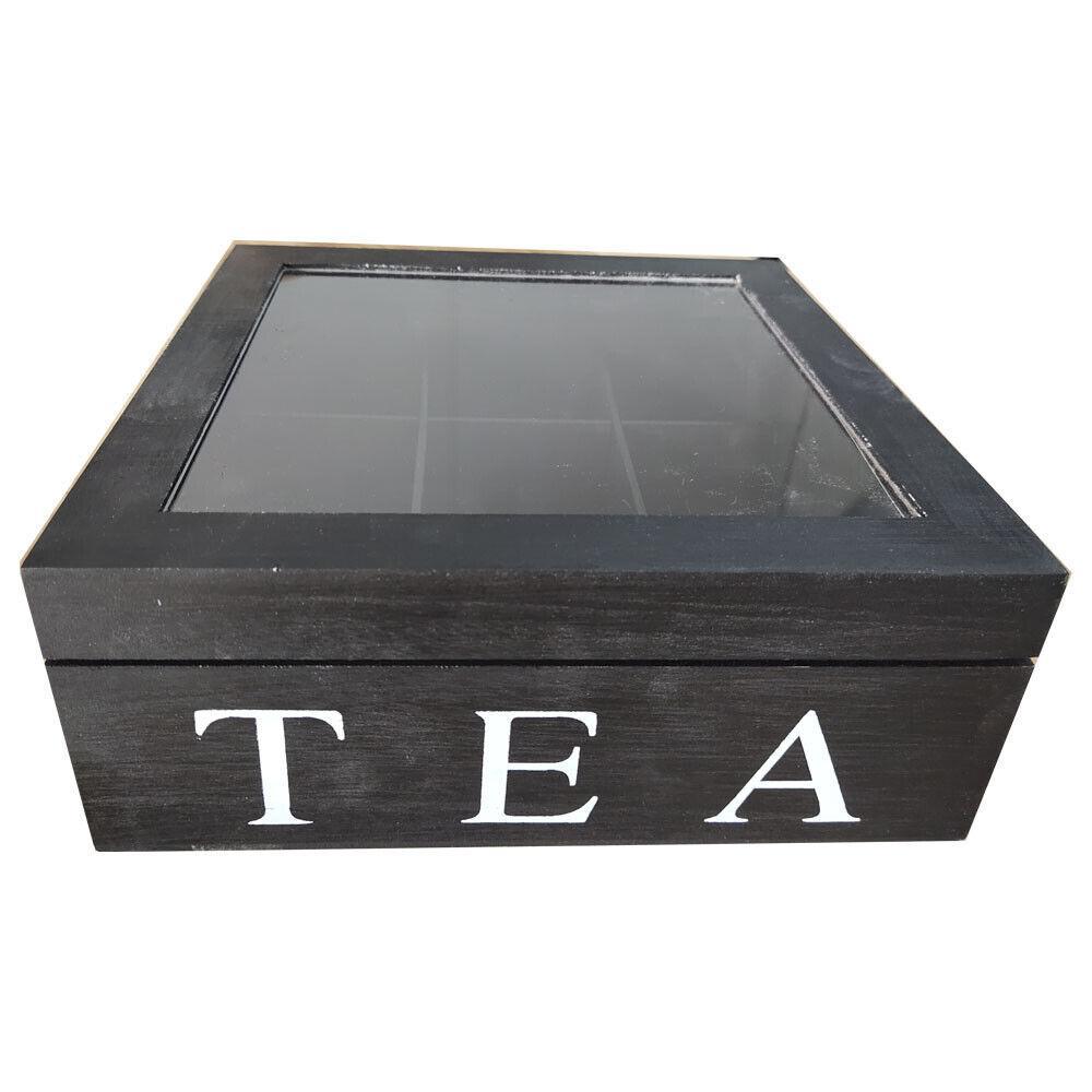 Black Wooden Tea Bag Chest Glass Window Jewellery Storage Organiser Box 9 Compartments