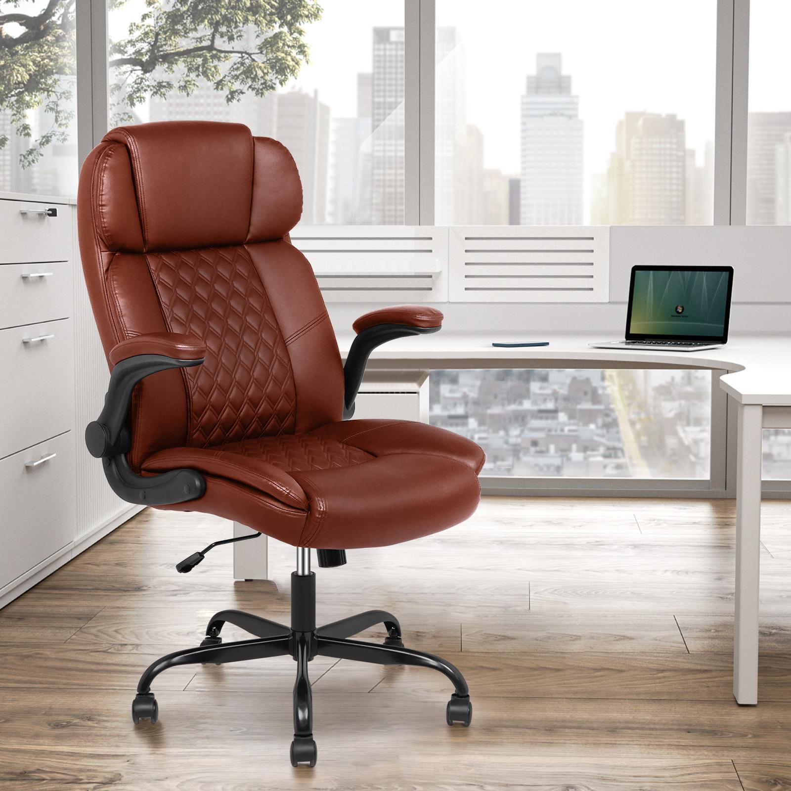 Advwin Ergonomic Office Chair High Back Home Desk Chair with Flip-up Armrests PU Leather Padded Chair Brown