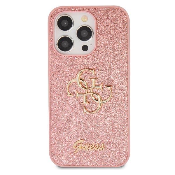 Guess PU Fixed Glitter 4G Metal Logo kryt (Suits iPhone 15) – Pink