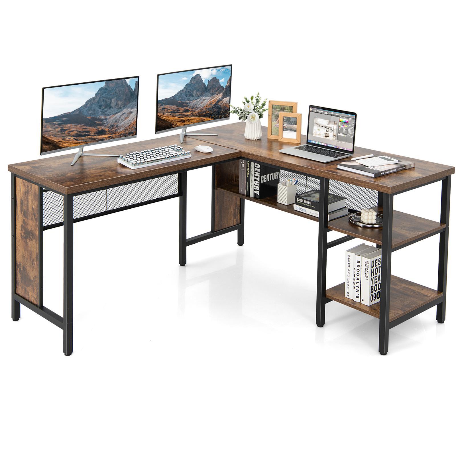 Giantex 1.5M L-shaped Office Desk CornerDesk w/Shelves Writing Desk Computer Workstation Brown