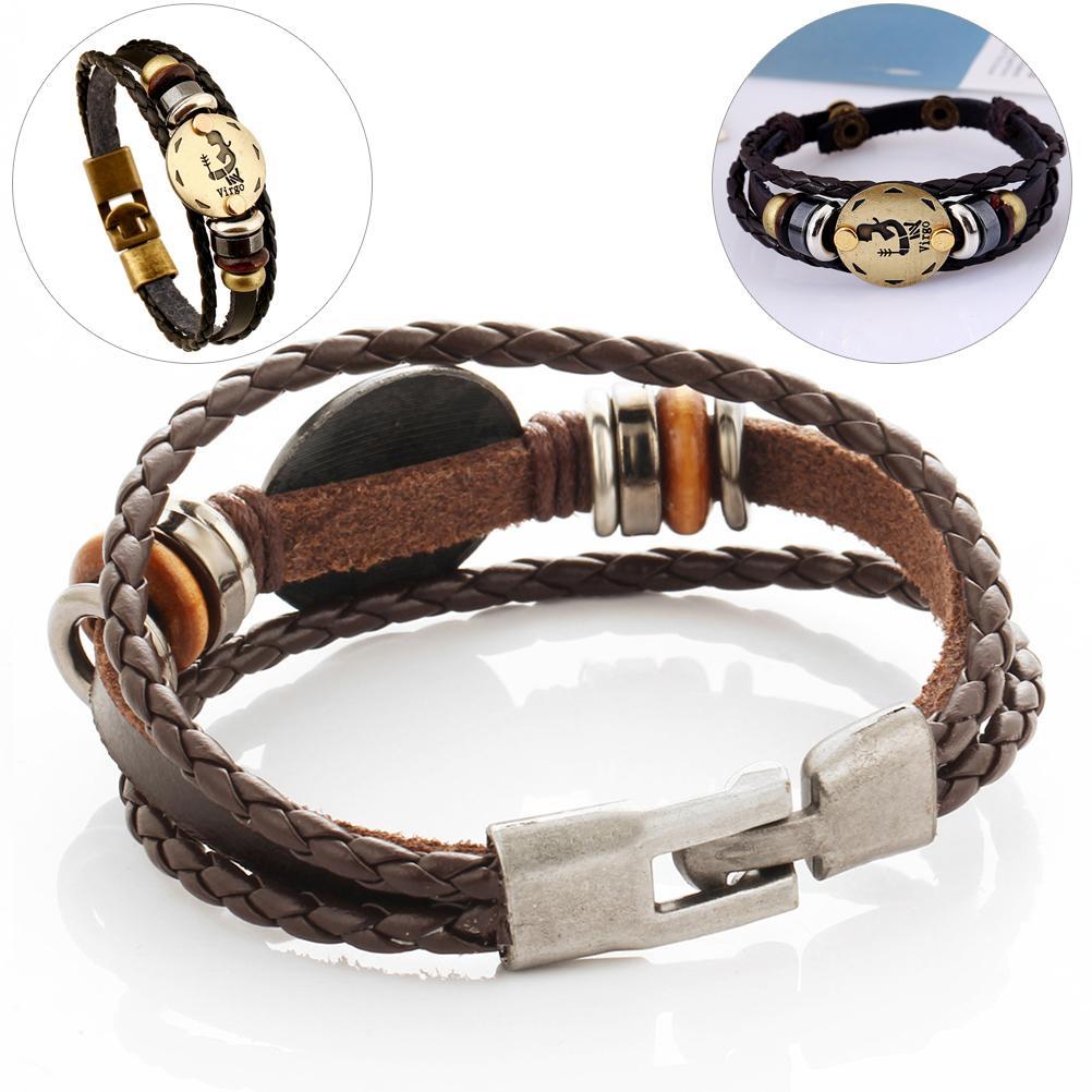 Men 12 Zodiac Vintage Bracelet Fashion Alloy Leather Bracelet with Constellation (Virgo)