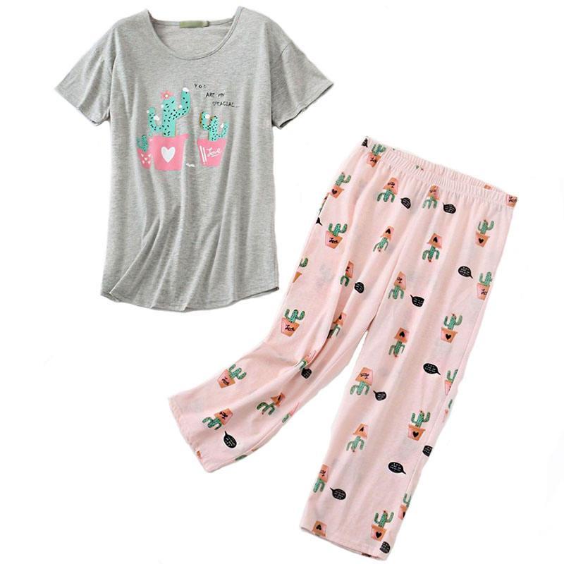 Strapsco Womens Short Sleeve Casual Prints Pajama Cropped Trousers Set (Gray Cactus, XL)