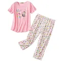 Strapsco Womens Short Sleeve Casual Prints Pajama Cropped Trousers Set (Pink Flower Mouse, S)