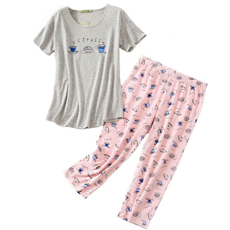 Strapsco Womens Short Sleeve Casual Prints Pajama Cropped Trousers Set (Gray Pink Blue Cup, XL)