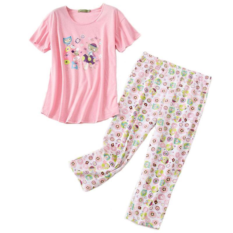 Strapsco Womens Short Sleeve Casual Prints Pajama Cropped Trousers Set (Pink Flower Mouse, 2XL)