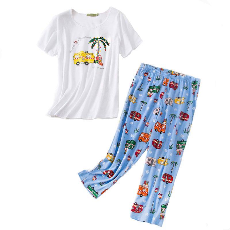 Strapsco Womens Short Sleeve Casual Prints Pajama Cropped Trousers Set (Blue Coconut Car, XL)