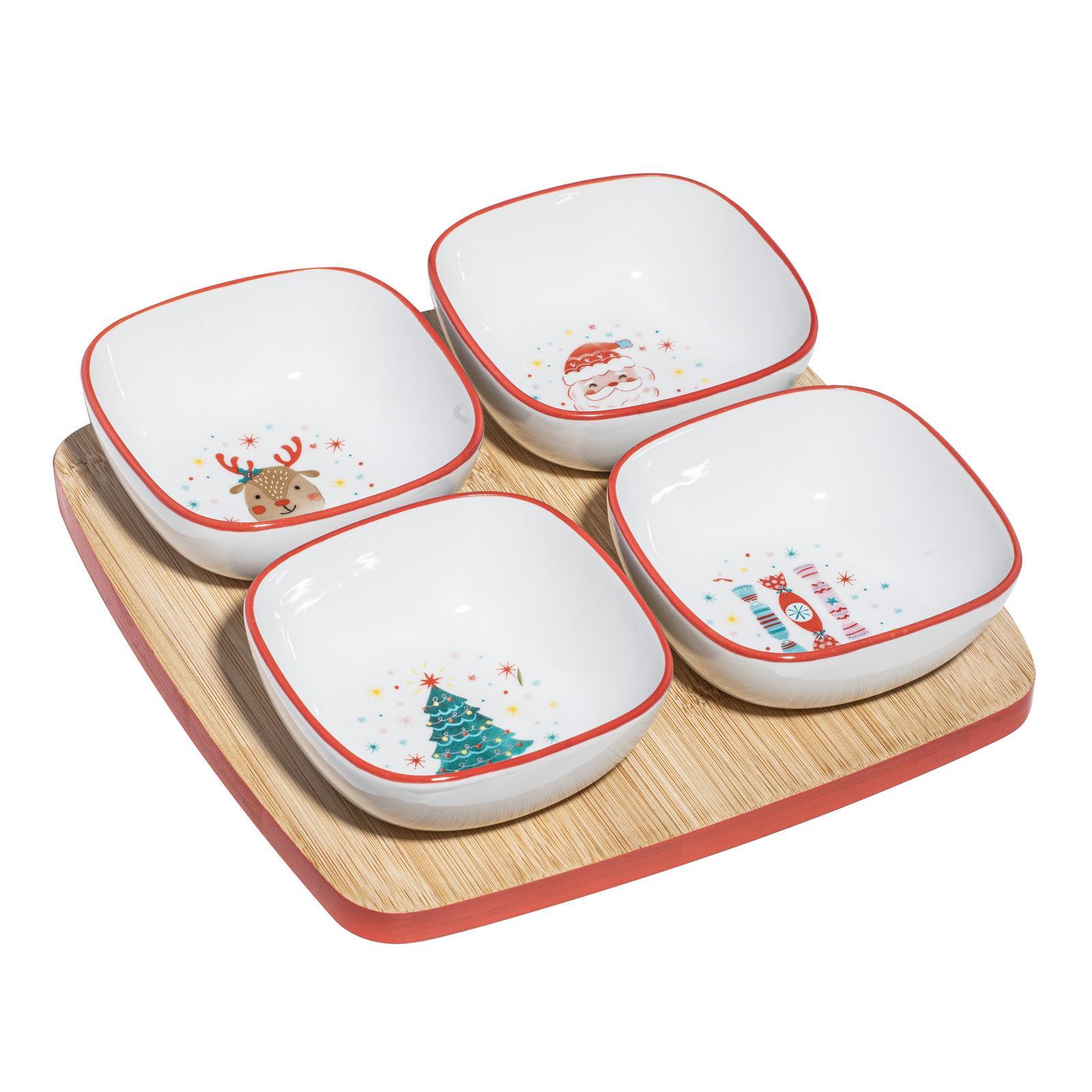 5pc Ladelle Candy Porcelain Bowl & Bamboo Tray Serving/Entertaining Set