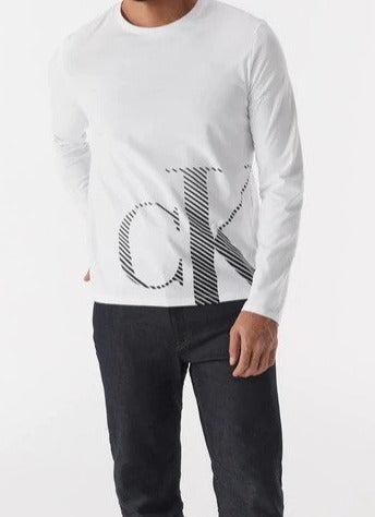 Calvin Klein Men's Textured Monogram Long Sleeve Crew Neck Tee / T-Shirt / Tshirt - Brilliant White