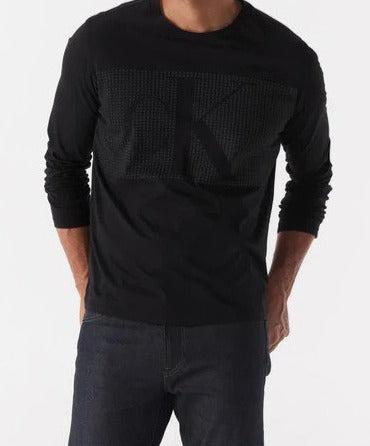 Calvin Klein Men's Block Textured Monogram Long Sleeve Crew Neck Tee / T-Shirt / Tshirt - Black Beauty