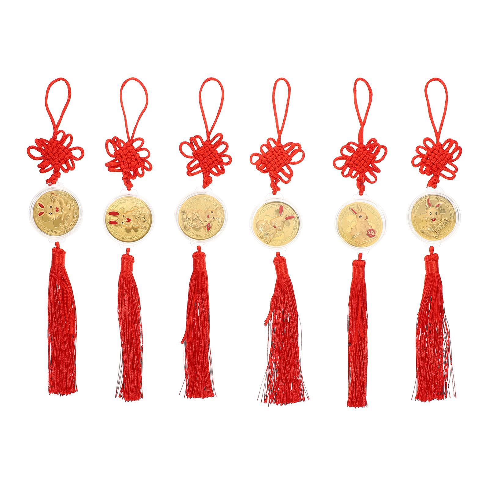 6 Pcs Year The Rabbit Pendant Chinese Knot Pendants Fortune Coins Zodiac Tassel Decorations Car Lucky Ornament Macrame Red Knots