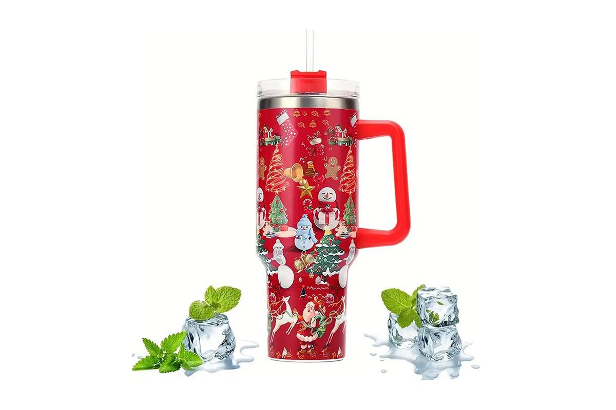 40oz Stainless Steel Christmas Pattern Water Bottle Thermal Mug Travel Tumbler Outdoors For Christmas Halloween Gifts -Red