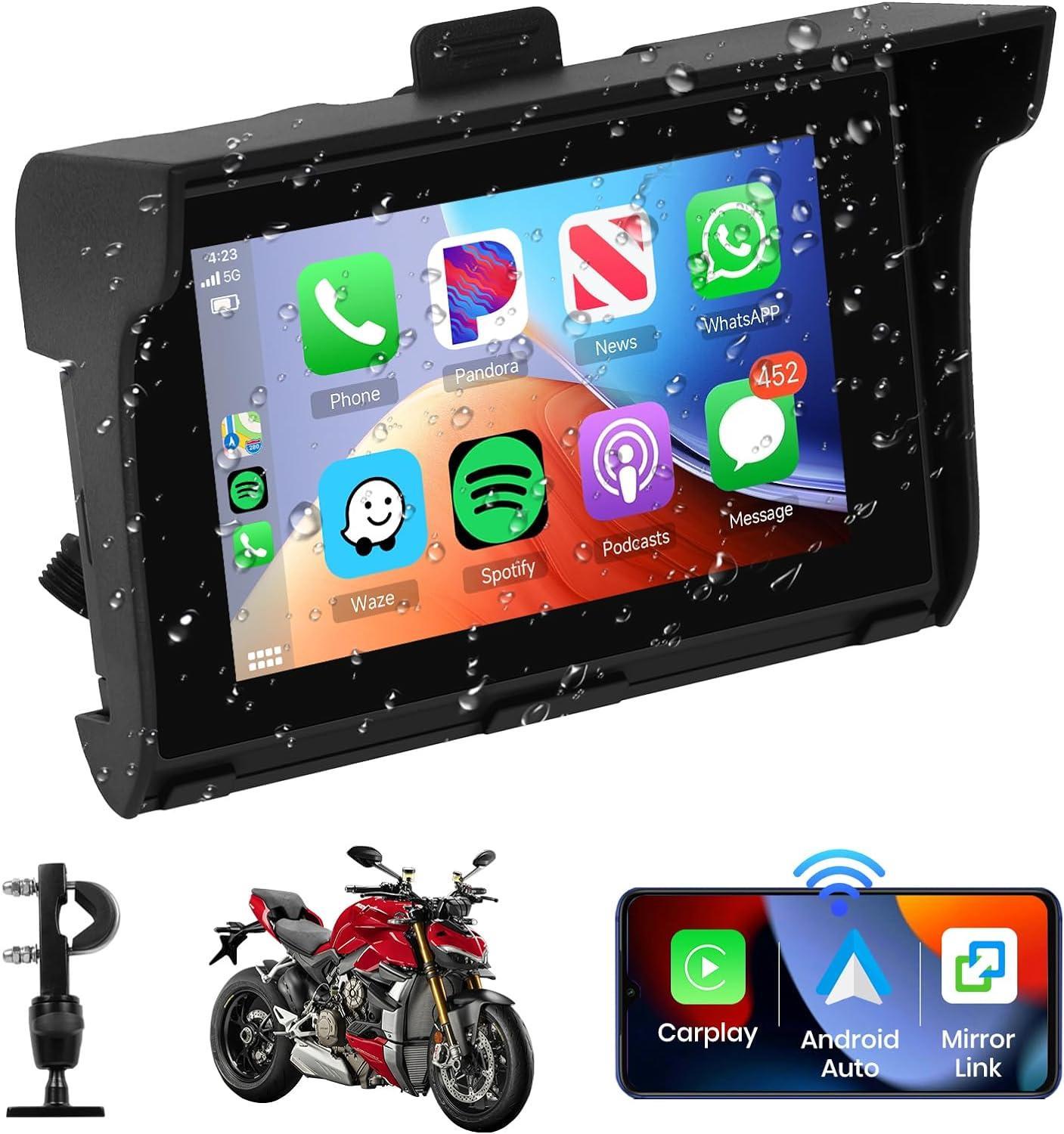 Portable Screen for Motorcycle Wireless Apple CarPlay & Android Car Navigator GPS Navigation 5 Inch HD Waterproof Touchscreen Motorcycle Bluetooth Mirror Link EQ, USB/TF Display for Motorcycle