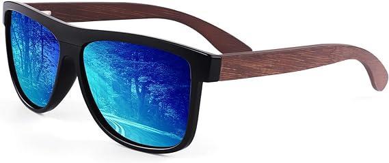 Black Frame / Blue Mirrored Lenses Polarized Sunglasses for Men and Women, Wooden Sunglasses