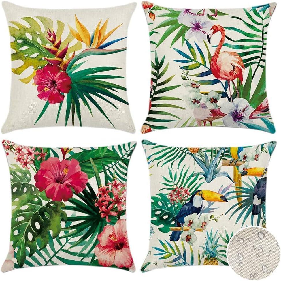 Outdoor Cushion Cover, Set of 4 Waterproof Tropical Plants and Flowers and Birds Pattern Sofa Throw