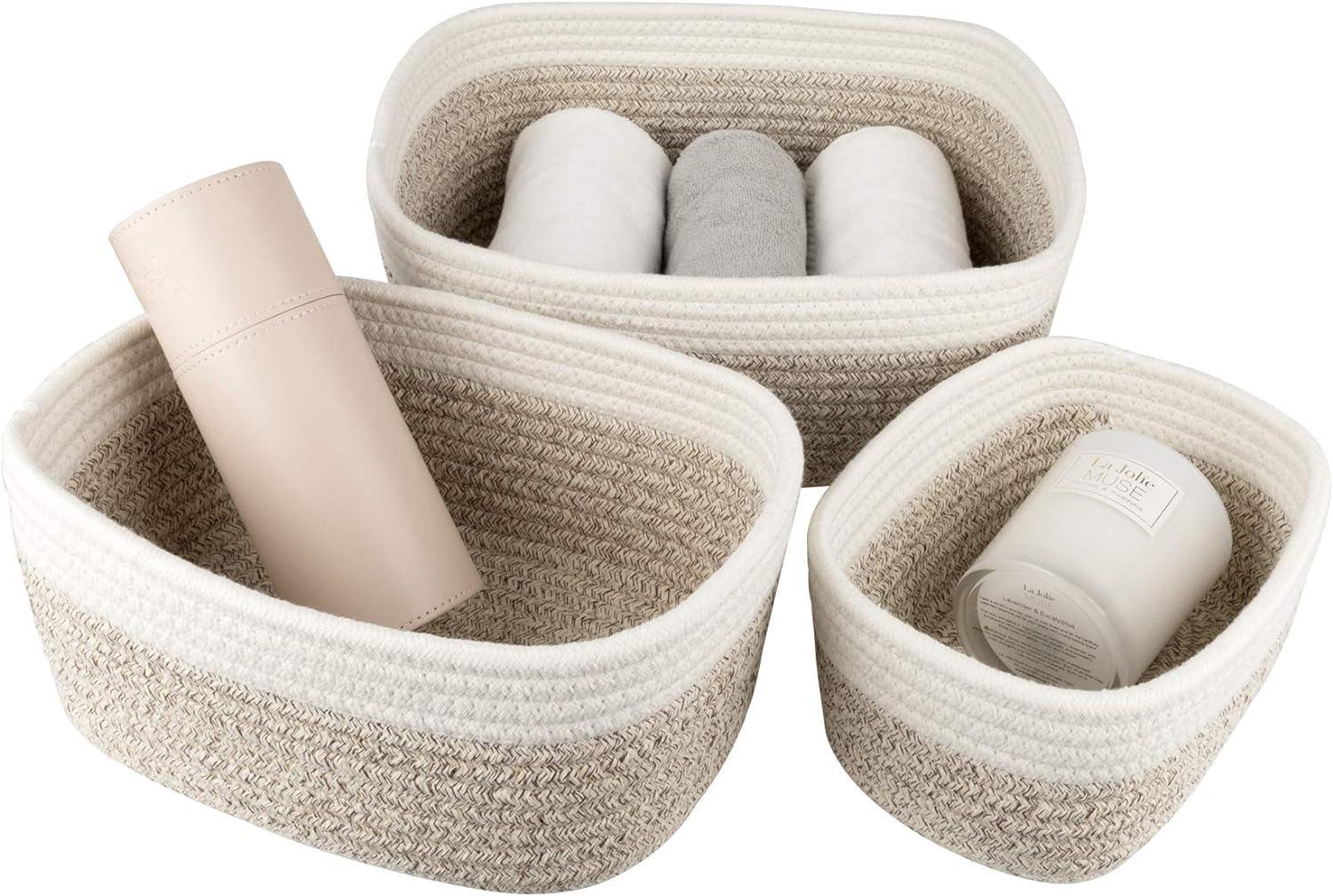 Shower caddies 13.5cm Woven Cotton Storage Basket, Set of 3 Multipurpose Stackable Baskets, White and Tan
