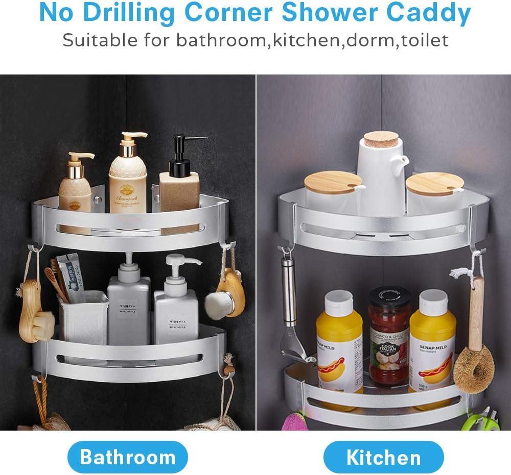 Shower caddies Shower corner shelf, Bathroom shelf without drilling, Shower storage basket with hooks - shower corner shelf (Plata-doble)