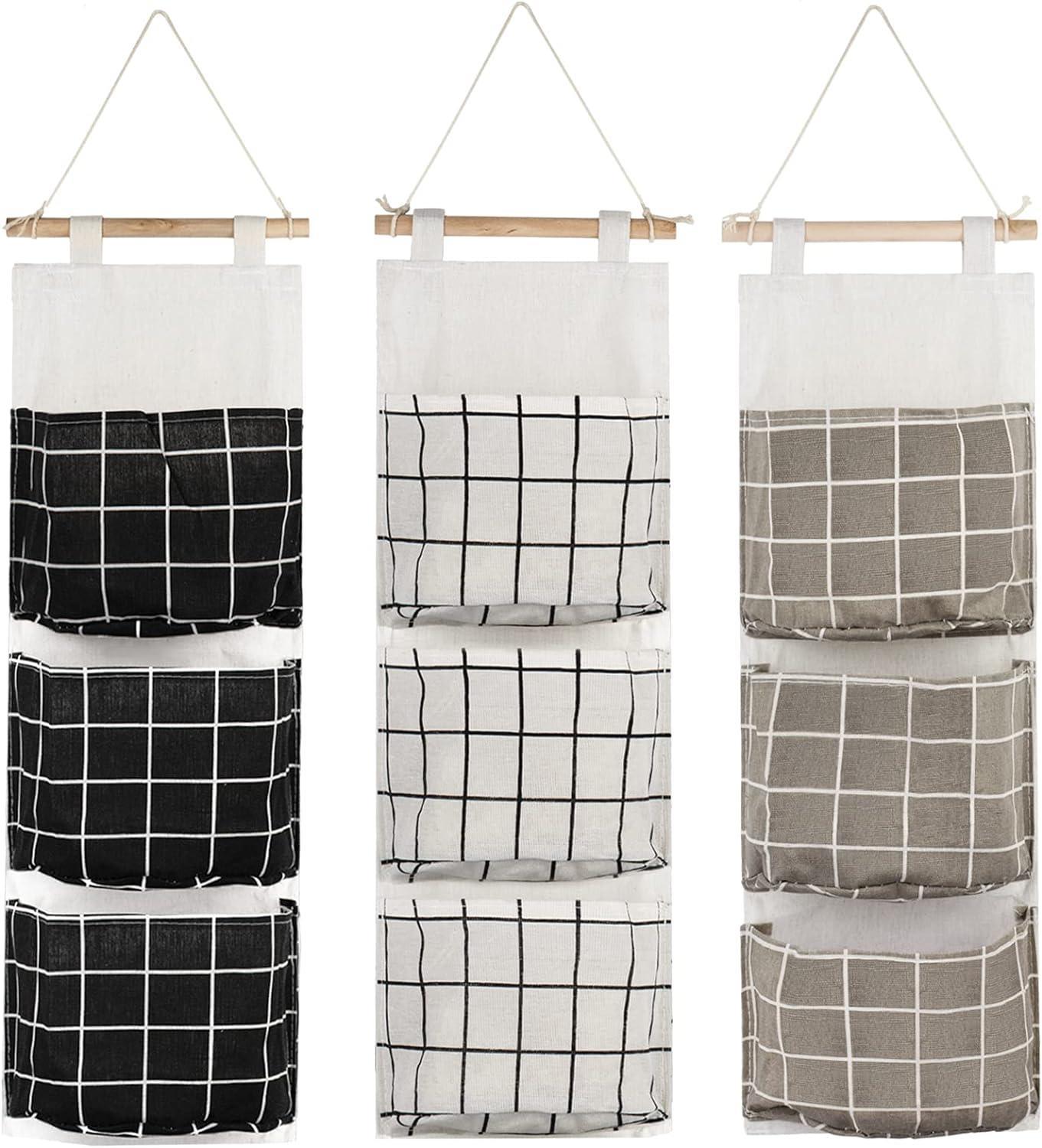 Shower caddies 3Pcs Hanging Storage Bag with 3 Pockets, Fabric Wall Shelf Basket Organizer Storage Pouch - Waterproof & Stylish (Black / Gray / White)