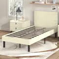 Advwin Bed Frame Single Size Mattress Base Upholstered Platform Fabric Beige
