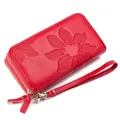 Strapsco Womens Leather Wallet Embossed Double Zipper Wallet-Red